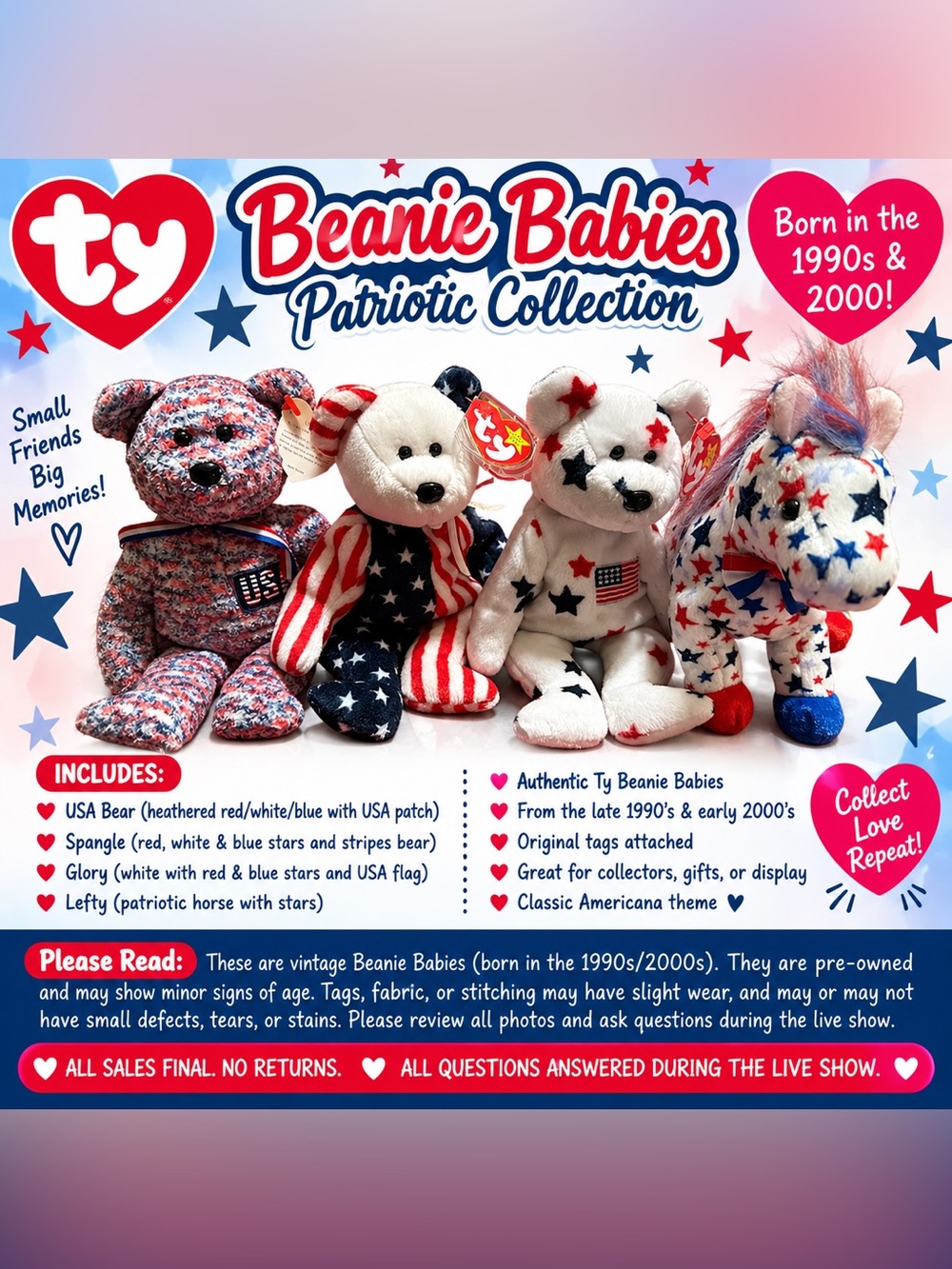 Vintage TY Beanie Babies Patriotic Americana Lot of 4 USA Red White Blue